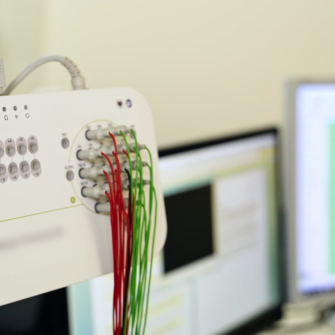 Advanced equipment for medical examination. Board with sensors for the brain check up. Close up. Blurred backdrop