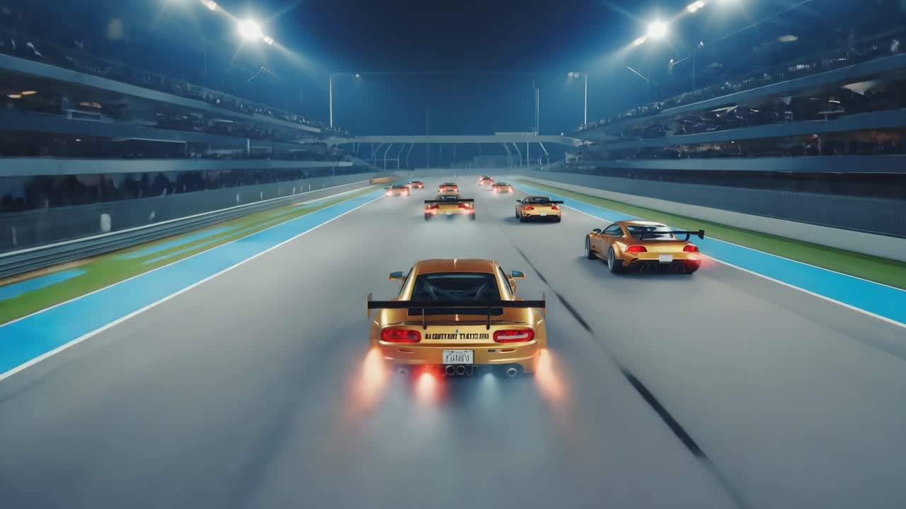 High-Speed Race Cars Competing on a Track at Night