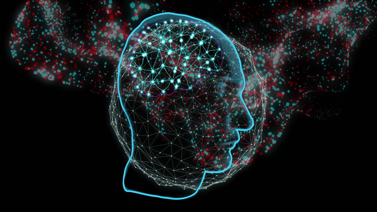 Animation of human head with connections over black background