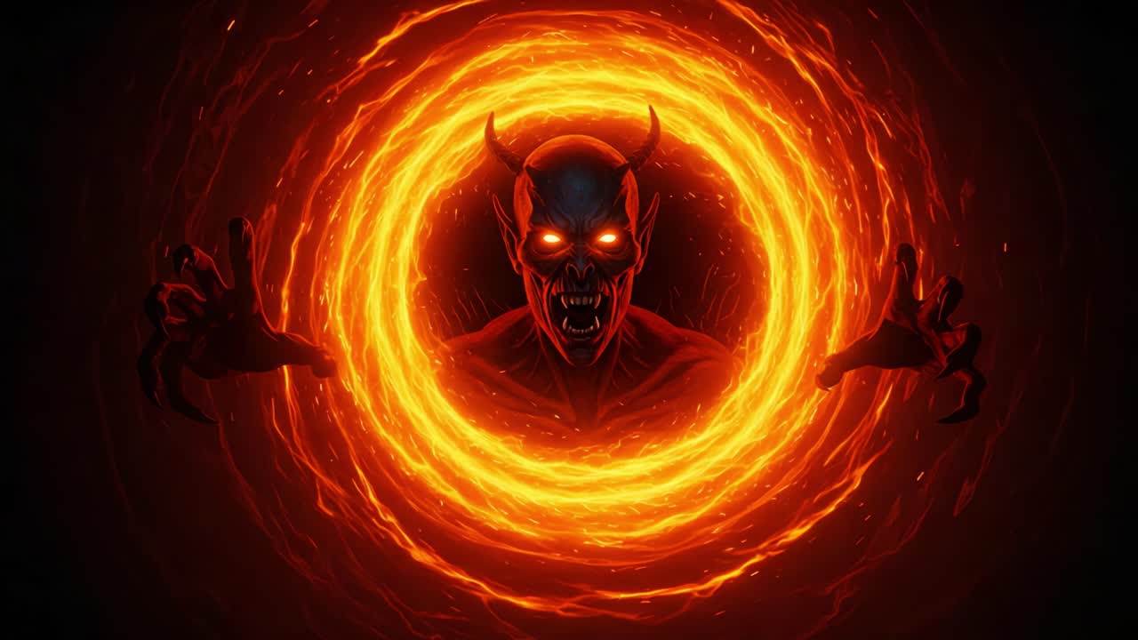 A Fiery Portal Unleashes a Sinister Demon, With Glowing Red Eyes and Dark Horns, Emanating Supernatural Power and Intimidation in this Captivating Scene