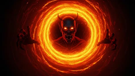 a fiery portal unleashes a sinister demon, with glowing red eyes and dark horns, emanating supernatural power and intimidation in this captivating scene