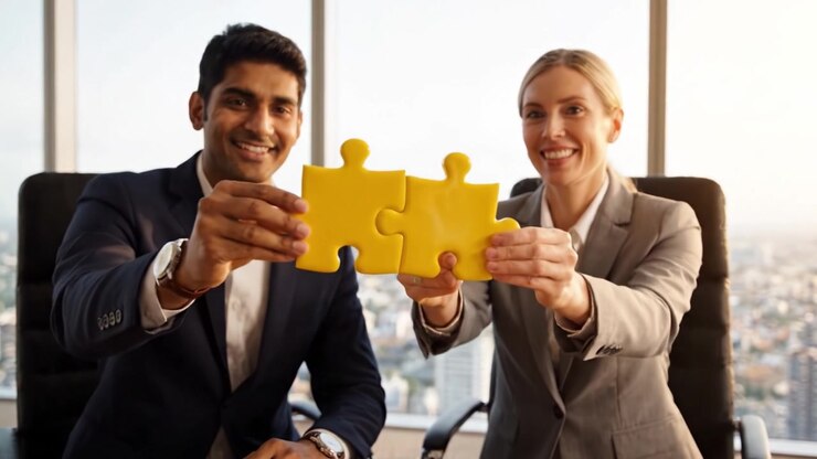 Collaborazione in azione: due professionisti che collegano pezzi di puzzle gialli per simboleggiare il lavoro di squadra e la partnership in un moderno ambiente d'ufficio