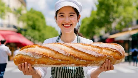 a woman holding a large baguette in her hands