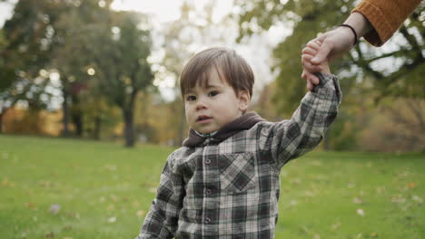 mom and son are walking in the autumn park