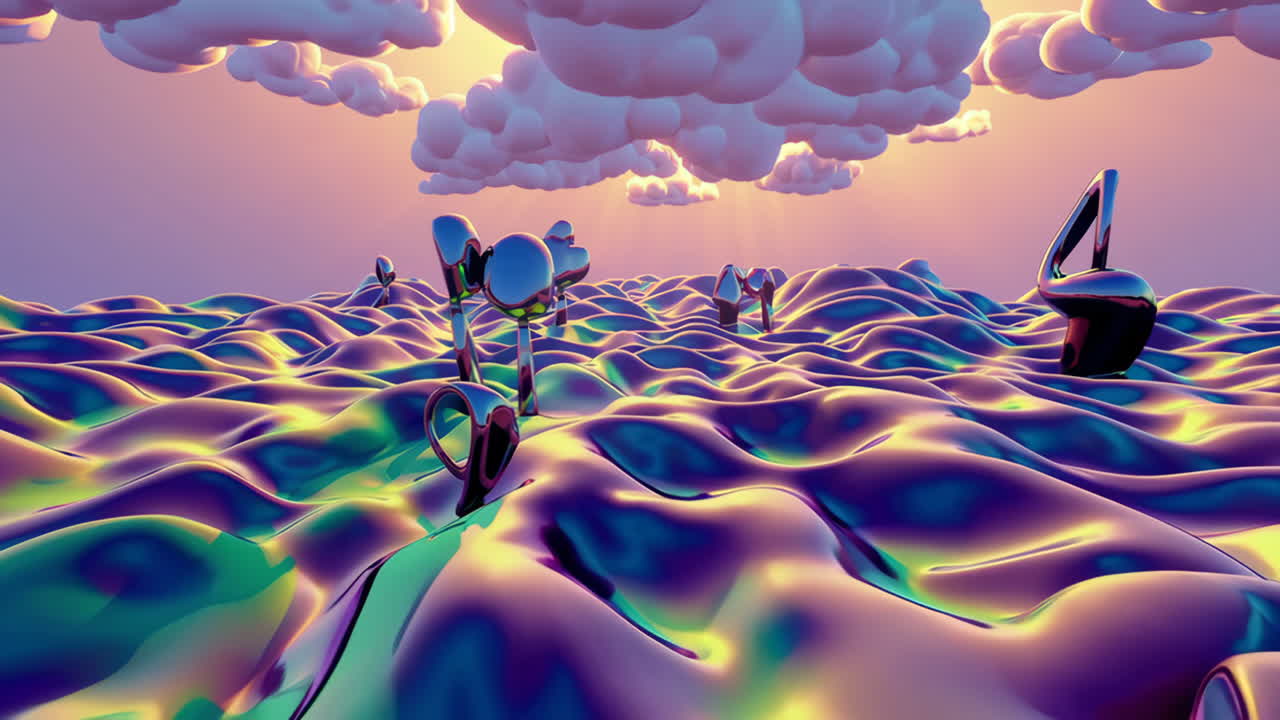 Iridescent Wavy Landscape with Metallic Abstract Forms at Sunset