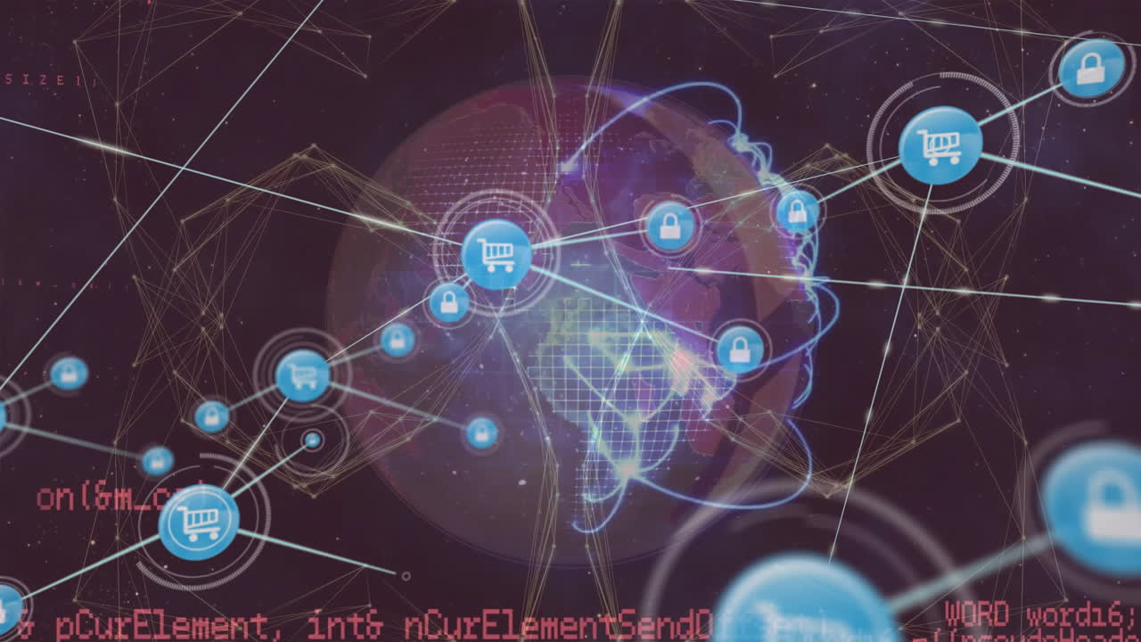 animación de iconos conectados, globo giratorio y lenguaje informático sobre fondo negro