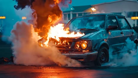 a car is engulfed by flames on the side of the road