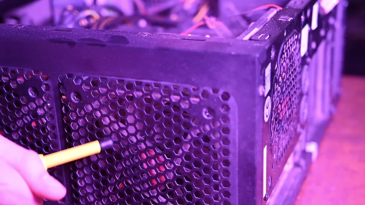 Close up of a man cleaning the dust from a computer using an air blower