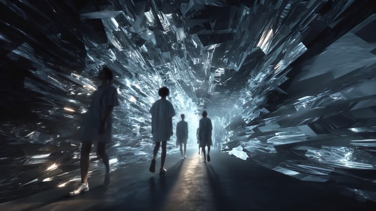People walking through a crystal cave