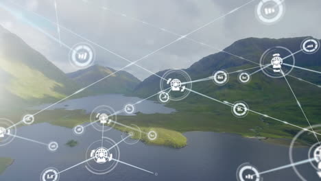 data processing and network connections animation over landscape