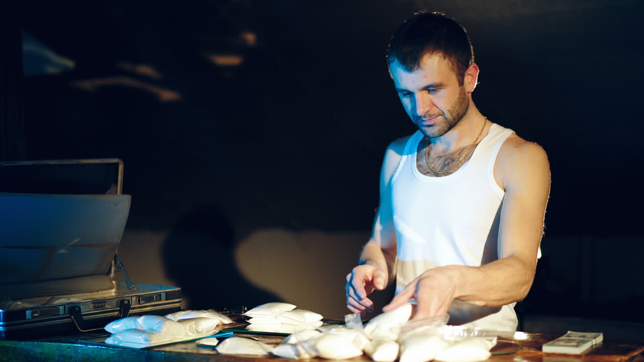 Drugs. In the underground laboratory drug dealer places brick packs filled with drugs Into the suitcase for further selling and distribution.