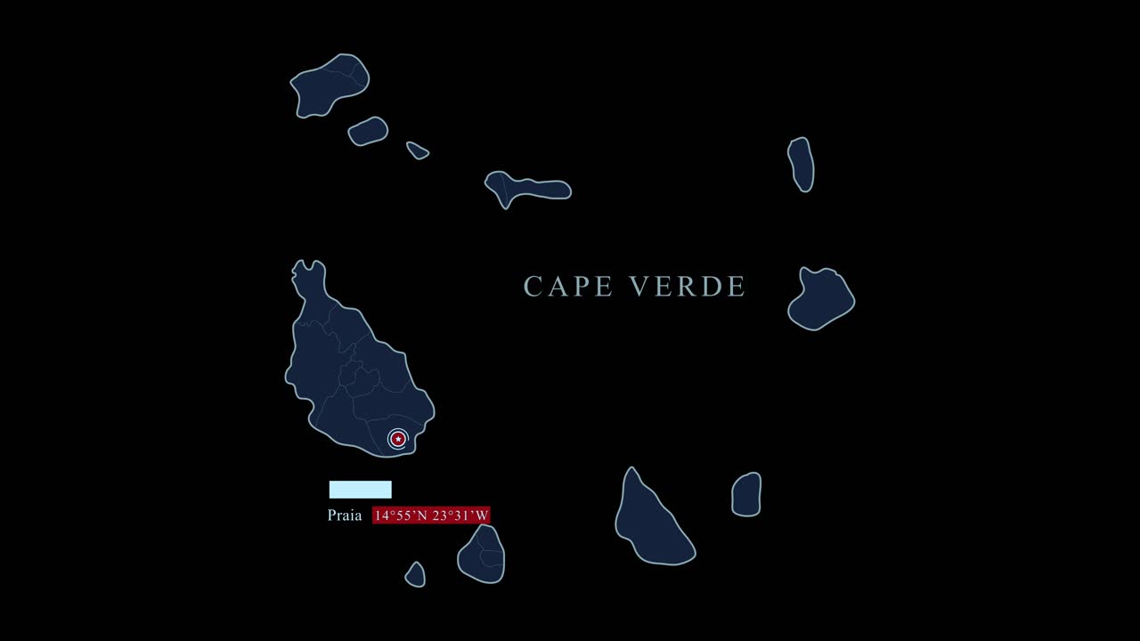 파란색 케이프 베르데 지도, 프라이아 수도와 검은색 배경의 지리적 좌표