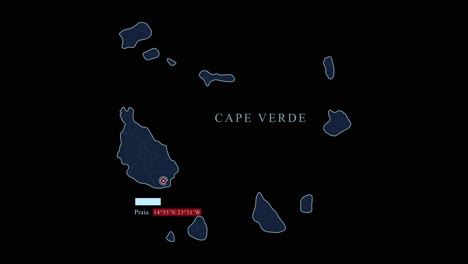 Blue-Cape-Verde-map-with-Praia-capital-city-and-geographic-coordinates-on-black-background