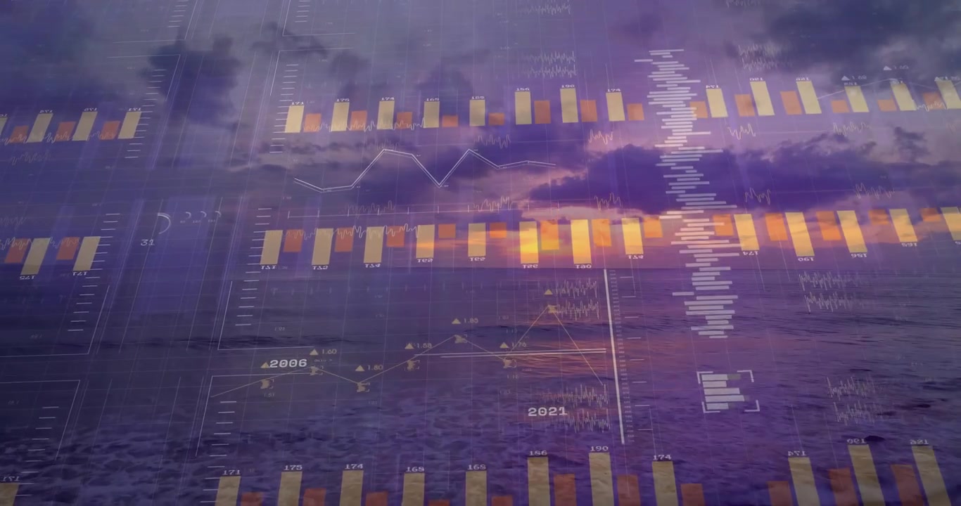 Faint chart emerging over sunset ocean, bars expanding and updating yearly to visualize data trends