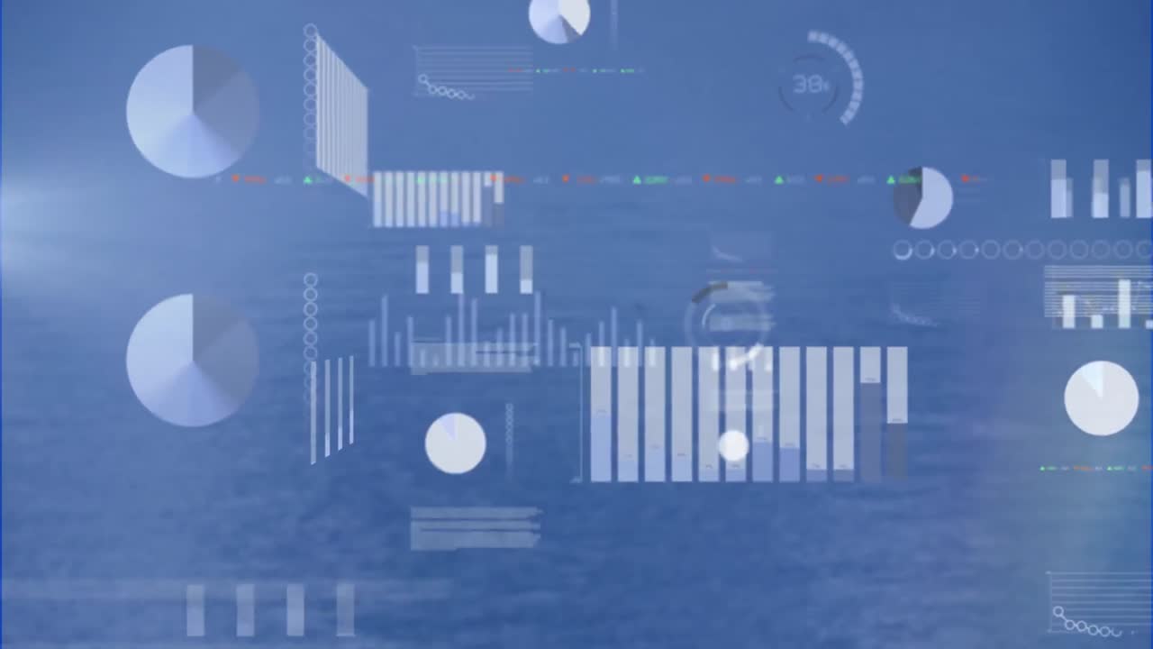 Animation of data processing with diagrams and stock market over sea