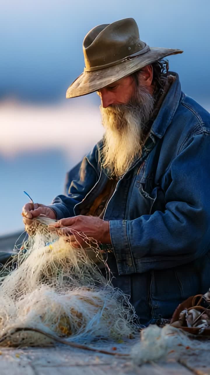 Focused fisherman meticulously repairing fishing nets at twilight, showcasing skill and patience in traditional craftsmanship by the water's edge