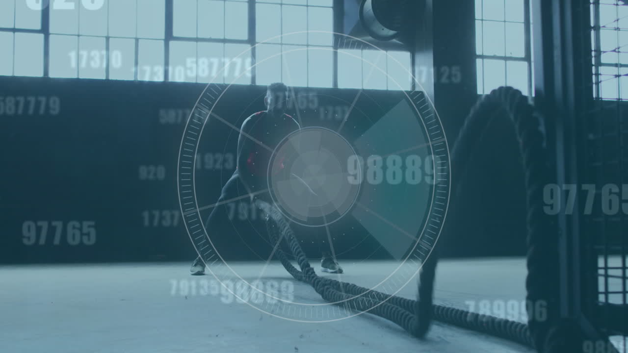 버려진 건물에서  ⁇ 줄로 운동하는 사람 위에 떠다니는 숫자의 애니메이션