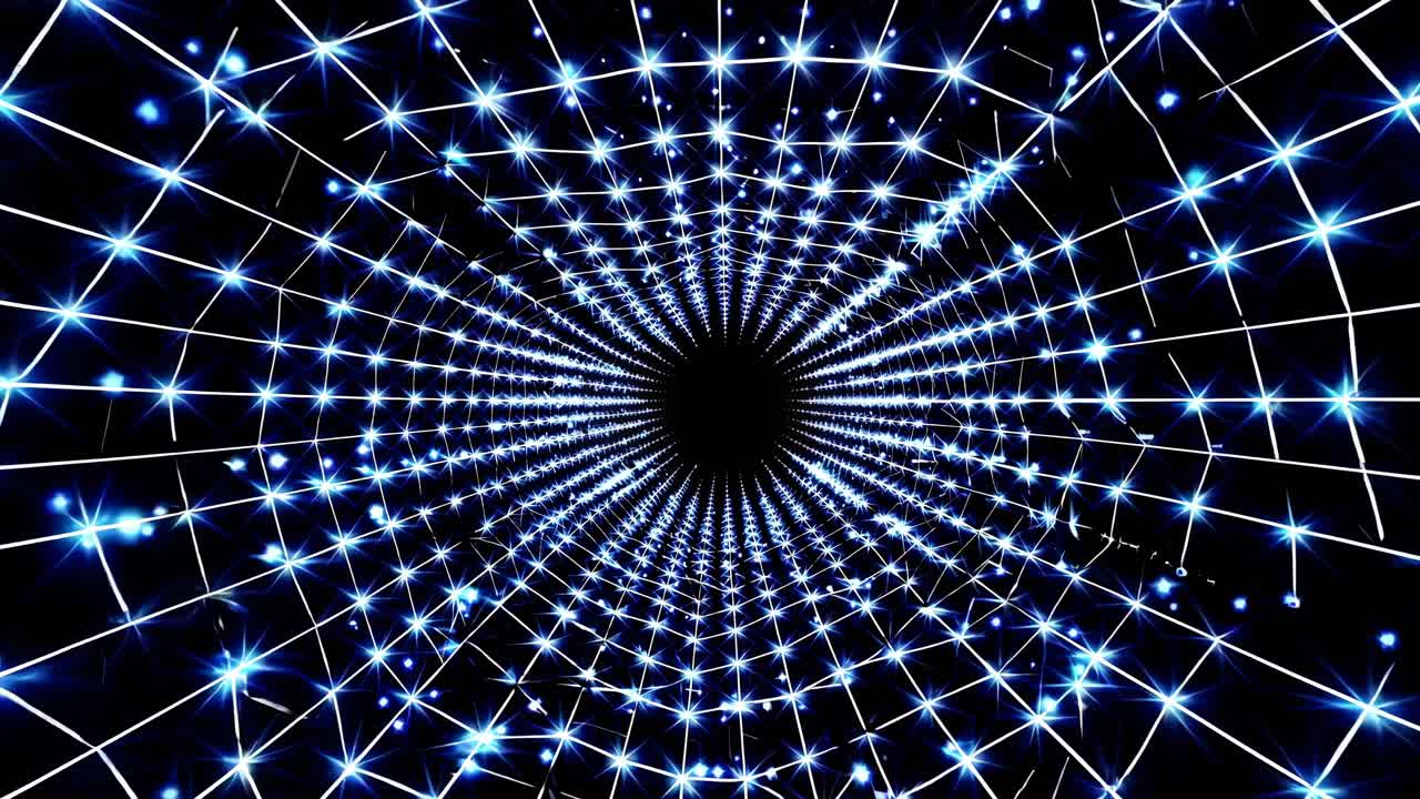 Futuristic video concept with a wormhole style, featuring a central vanishing point and a dynamic