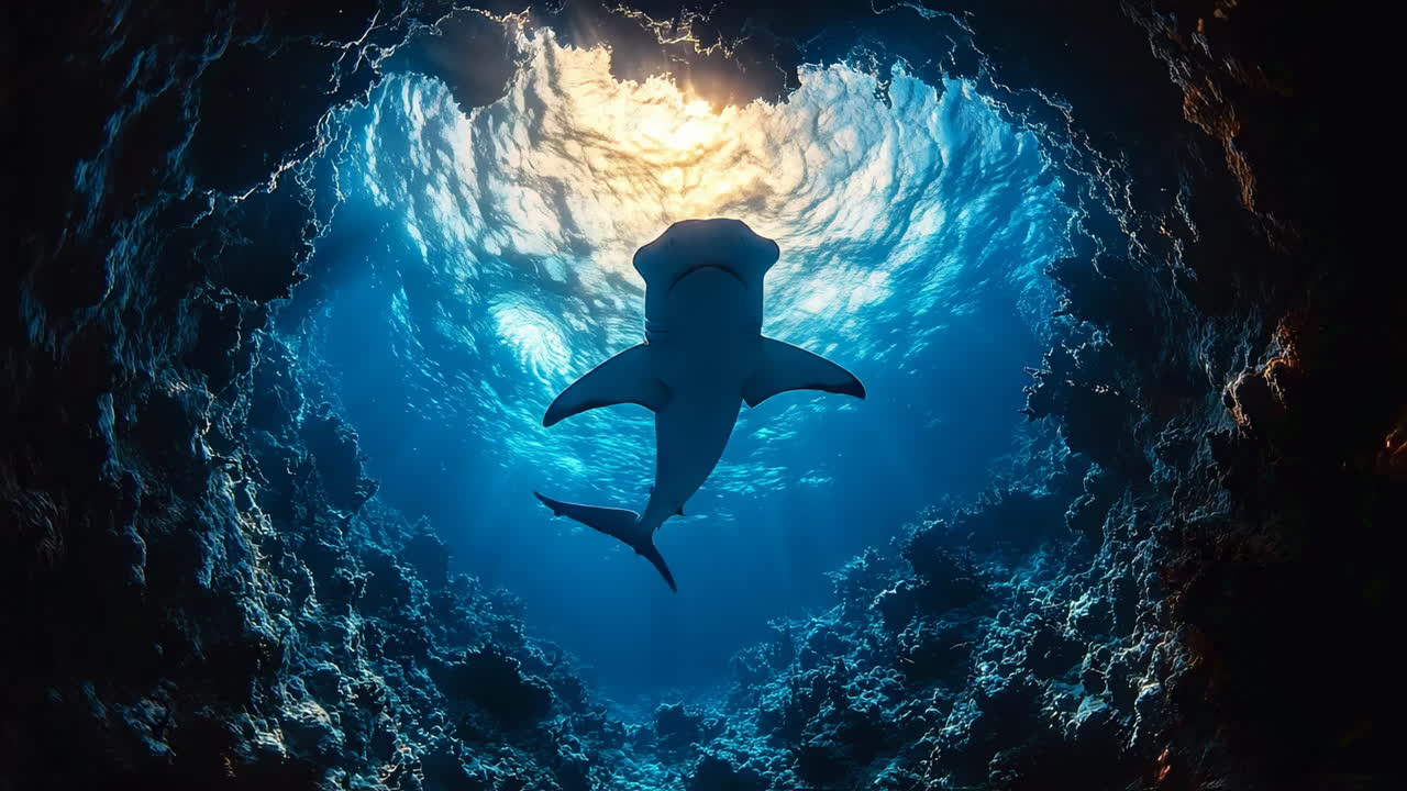Great white shark silhouette swimming towards sunlit surface. Point of view from a dark underwater cave looking up at a shark silhouette against bright sun rays and ocean surface