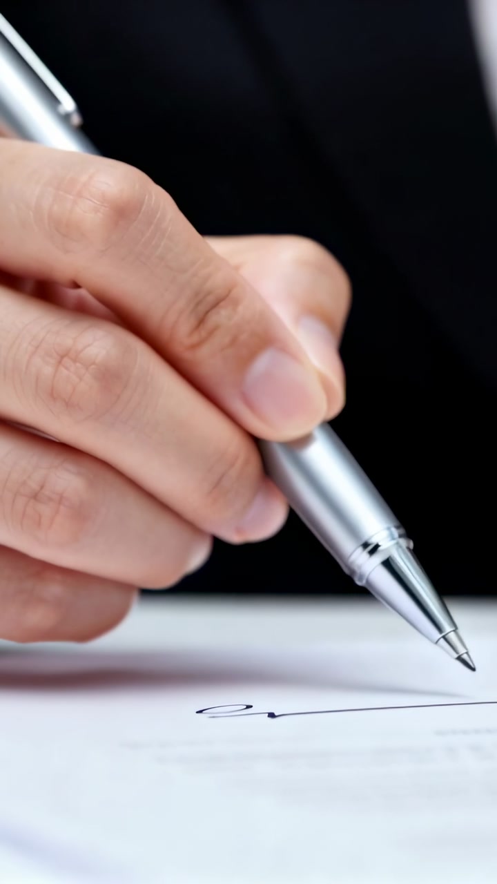 Vertical video: Man's hand touching paper, drawing flourish with pen while signing business form