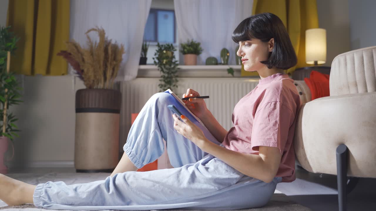 노트북에 메모를 쓰는 여자.