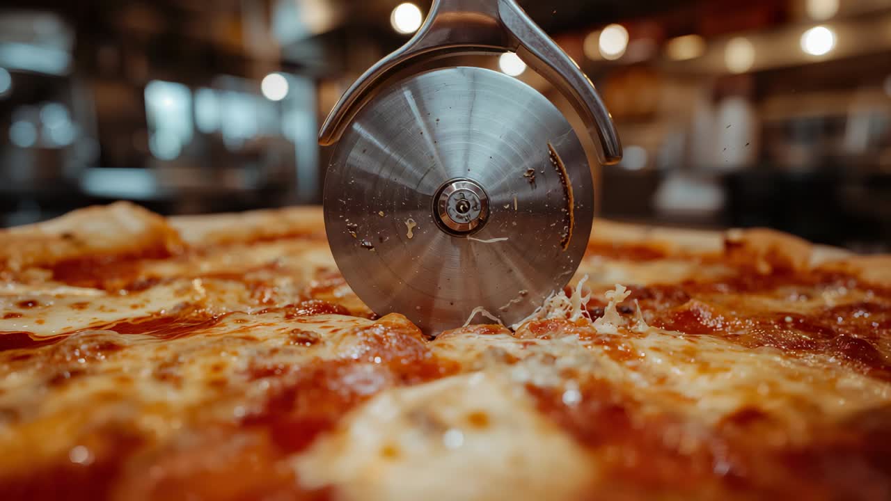 Taglio di pizza ai peperoni, il taglierino tocca il formaggio e la spatola solleva la fetta per servirla in pizzeria