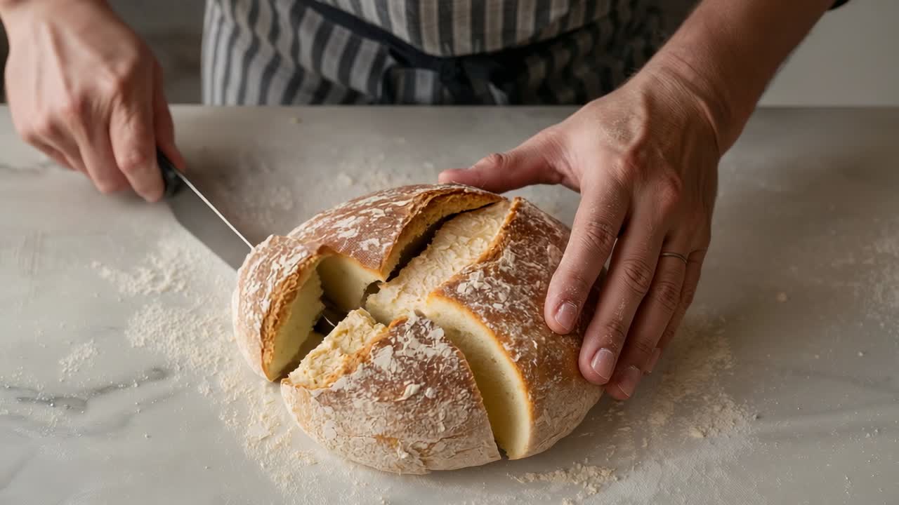 Cuoco con grembiule a righe che, appoggiando una mano, tiene una pagnotta su un bancone di marmo e la taglia con un coltello in quarti.