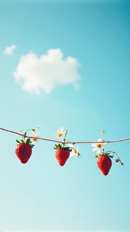 strawberries hanging on a string with flowers in the blue sky