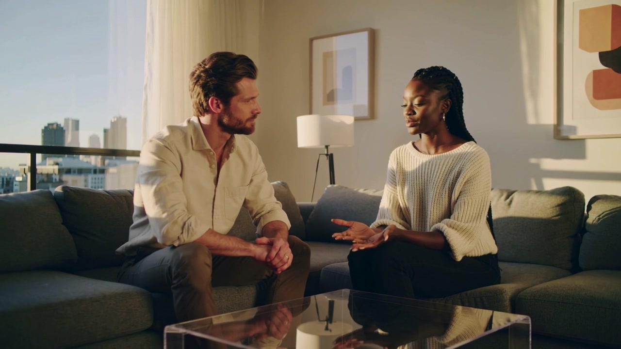 Starting woman speaking, gesturing, discussing on living room sectional sofa, man leaning forward