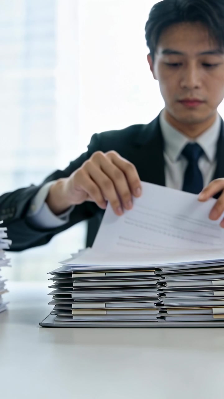 Vertical video: Reaching man in suit and tie lifting placing sheets at desk trays to sort papers