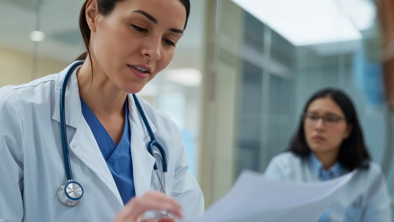 Medico che legge con camice da laboratorio che studia i referti dopo il passaggio di consegne in clinica, che informa un collega, con lo stetoscopio addosso