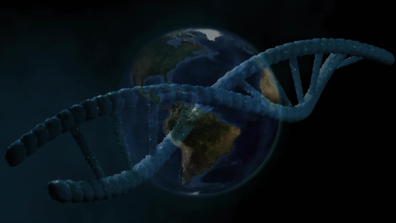 With globe rotating blue DNA helix emerging right curving and rotating to illustrate gene structure
