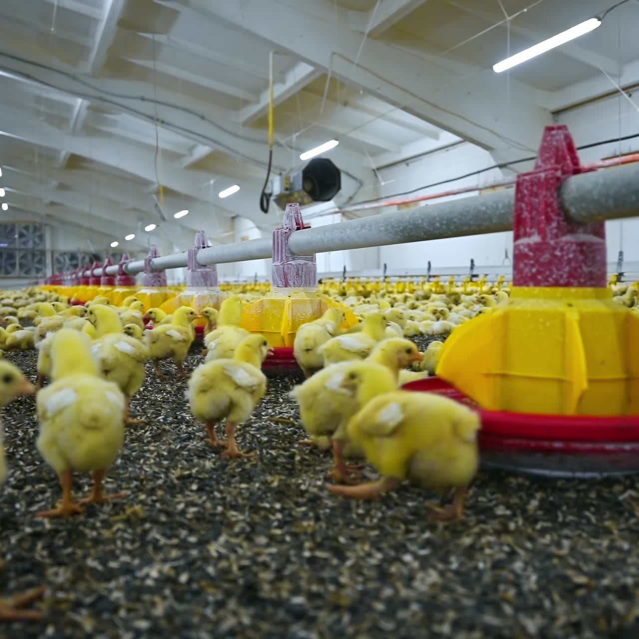 Pequenos frangos perto de comedouros automáticos com comida na fazenda. Frangos de corte em uma moderna fazenda avícola perto de comedouros em uma fazenda avícola. Filhotes amarelos engraçados em um hangar