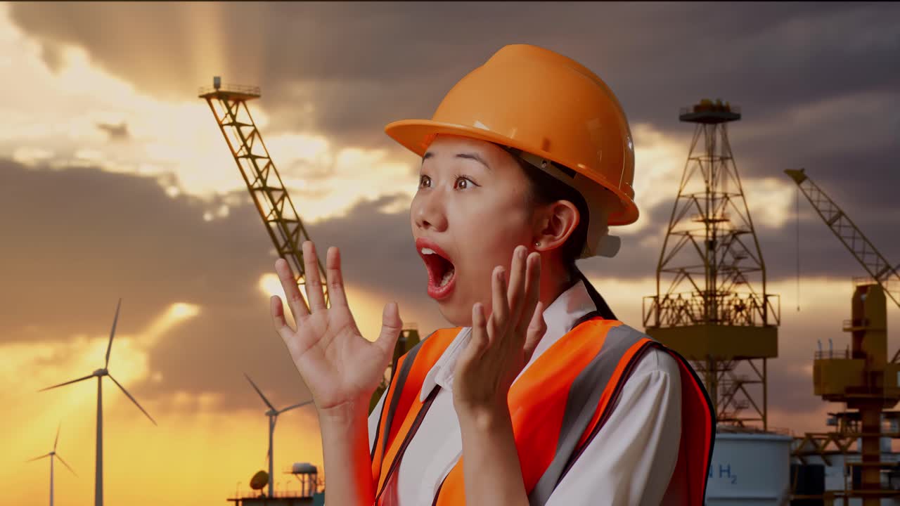 해가 지면 건설 노동자가  놀랐다.