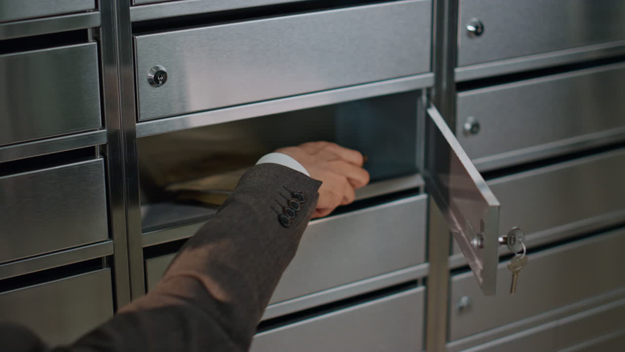 mano de primer plano abriendo el buzón en un edificio de apartamentos. persona en traje comprobando el correo
