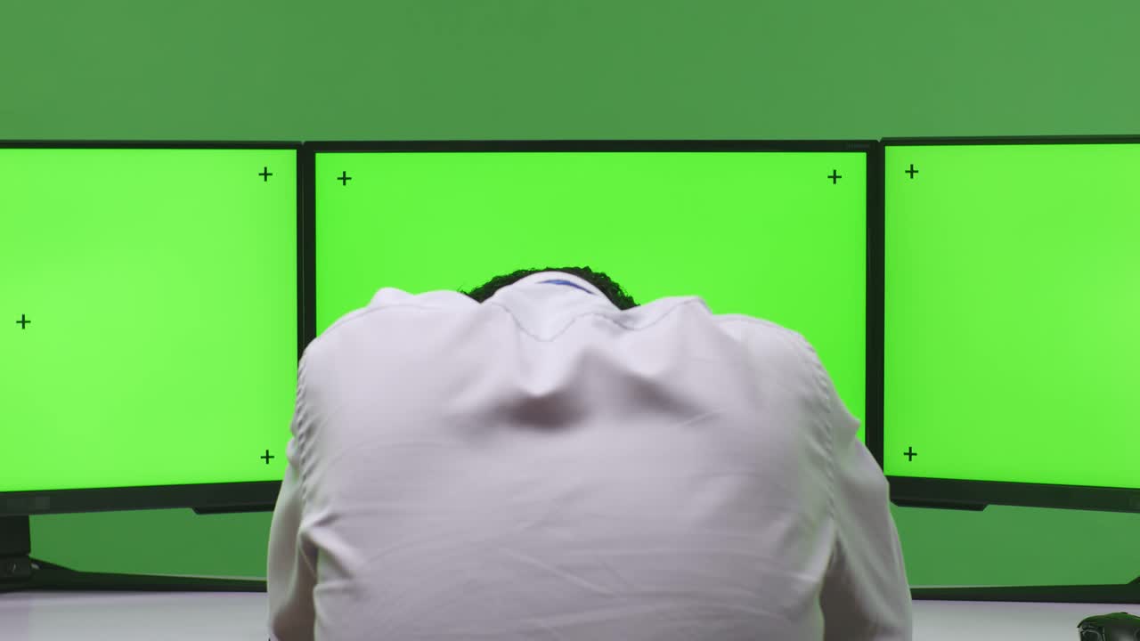 여러 모니터 앞에서 피곤한 노동자