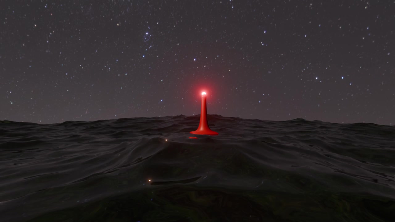 Cinematic 3D animation of a red square-based navigation buoy swaying amidst large, dynamic ocean waves in the deep open sea. The buoy features a flashing red warning light at its tip.