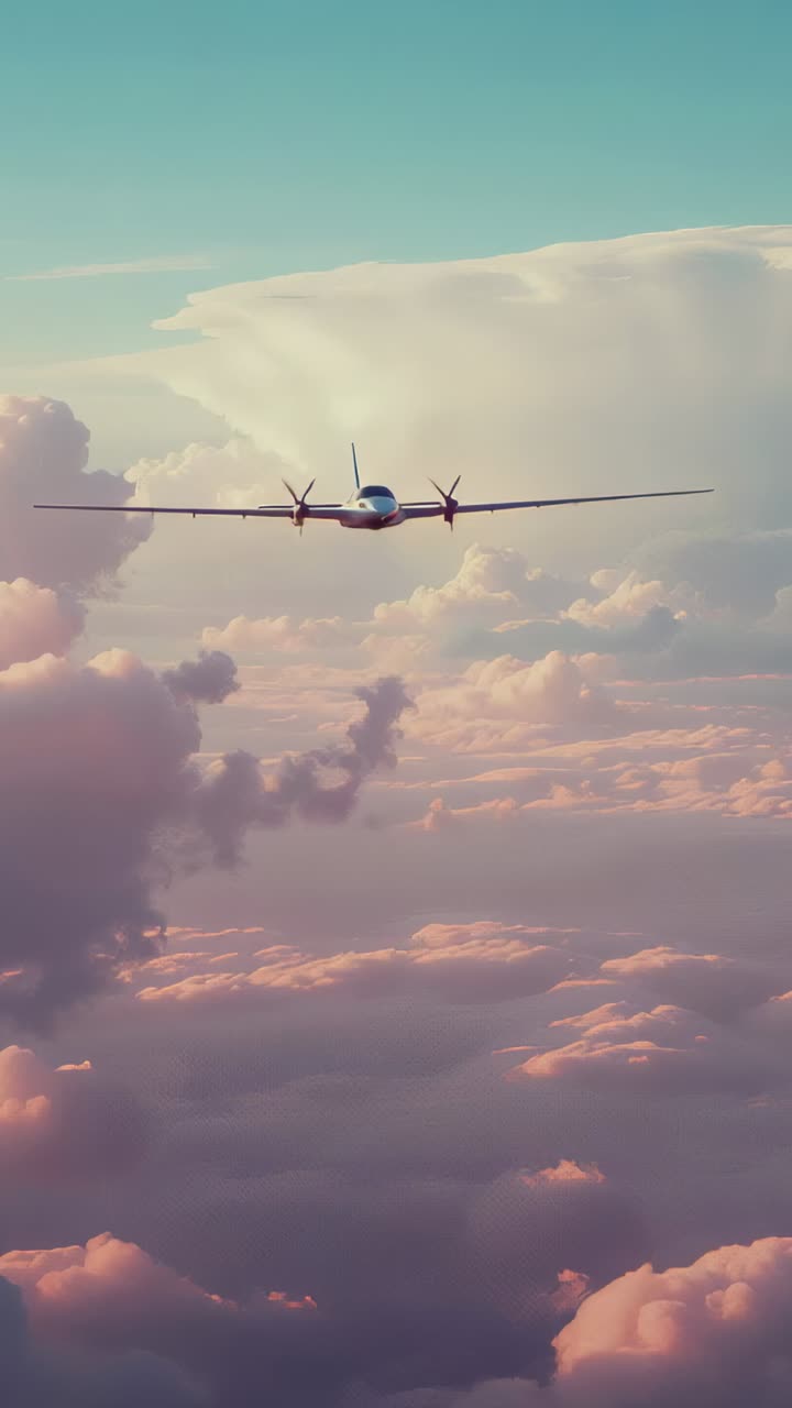 Vertical video: Approaching twin-prop lowering gear, spinning props above clouds for runway landing