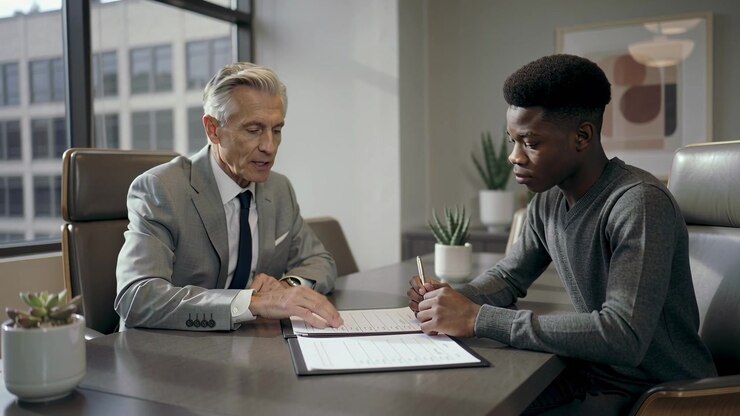 Opening black folder, grey suit exec pointing contract for signing in office, candidate holding pen