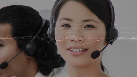 Animation-of-statistics-and-data-processing-over-businesswoman-wearing-phone-headset