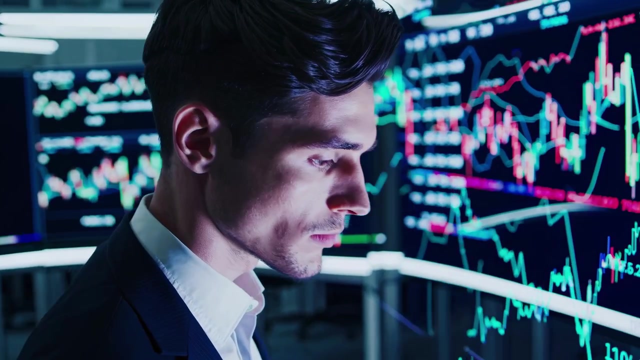 Financial Analyst Monitoring Stock Market Data on Multiple Screens