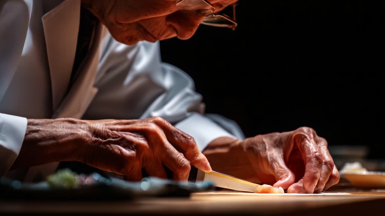 An Expert Culinary Artisan Skillfully Preparing Sushi with Precision and Care, Showcasing the Art of Japanese Cuisine Through Meticulous Knife Techniques and Fresh Ingredients