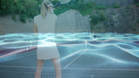 Female tennis player swinging racket on outdoor court, with sports tech binary data wave overlay