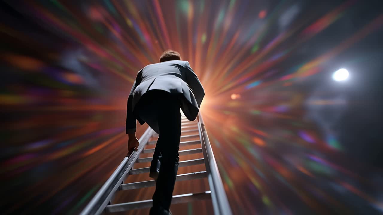 Man ascends a ladder toward radiant light. His back faces the camera, showing determination. The ladder leads into a dazzling, cosmic burst. Blurred colors swirl around him, creating motion