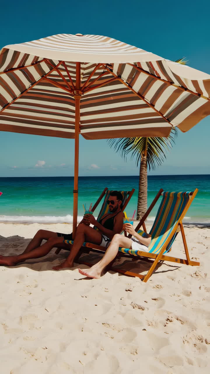 People relaxing and enjoying colorful drinks on a sunny beach under a parasol
