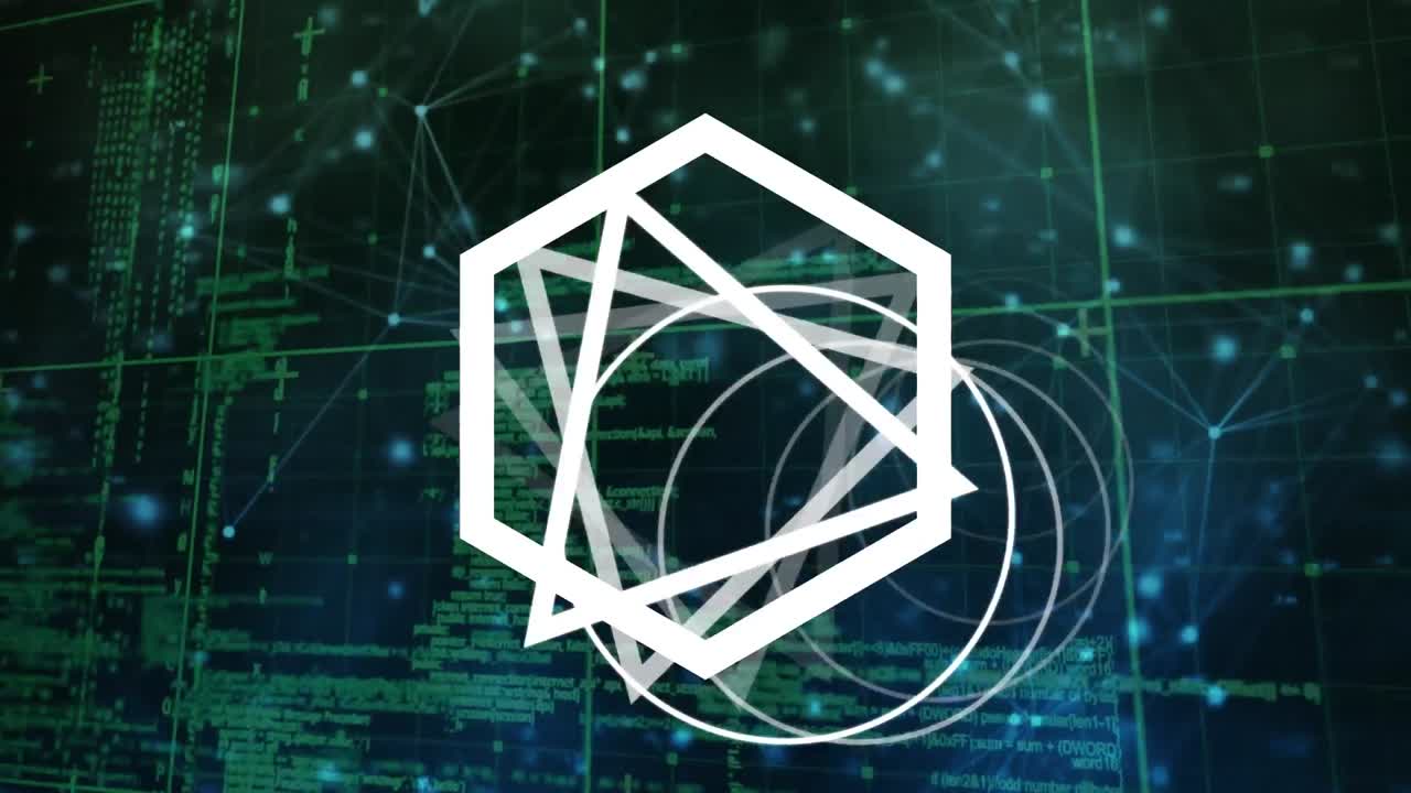 Animation of spinning geometric shapes over network of connections and data processing