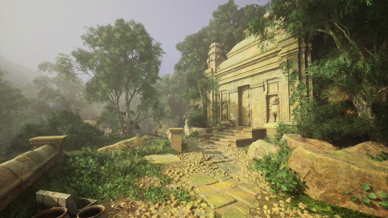 Ancient structure surrounded by lush greenery in serene environment