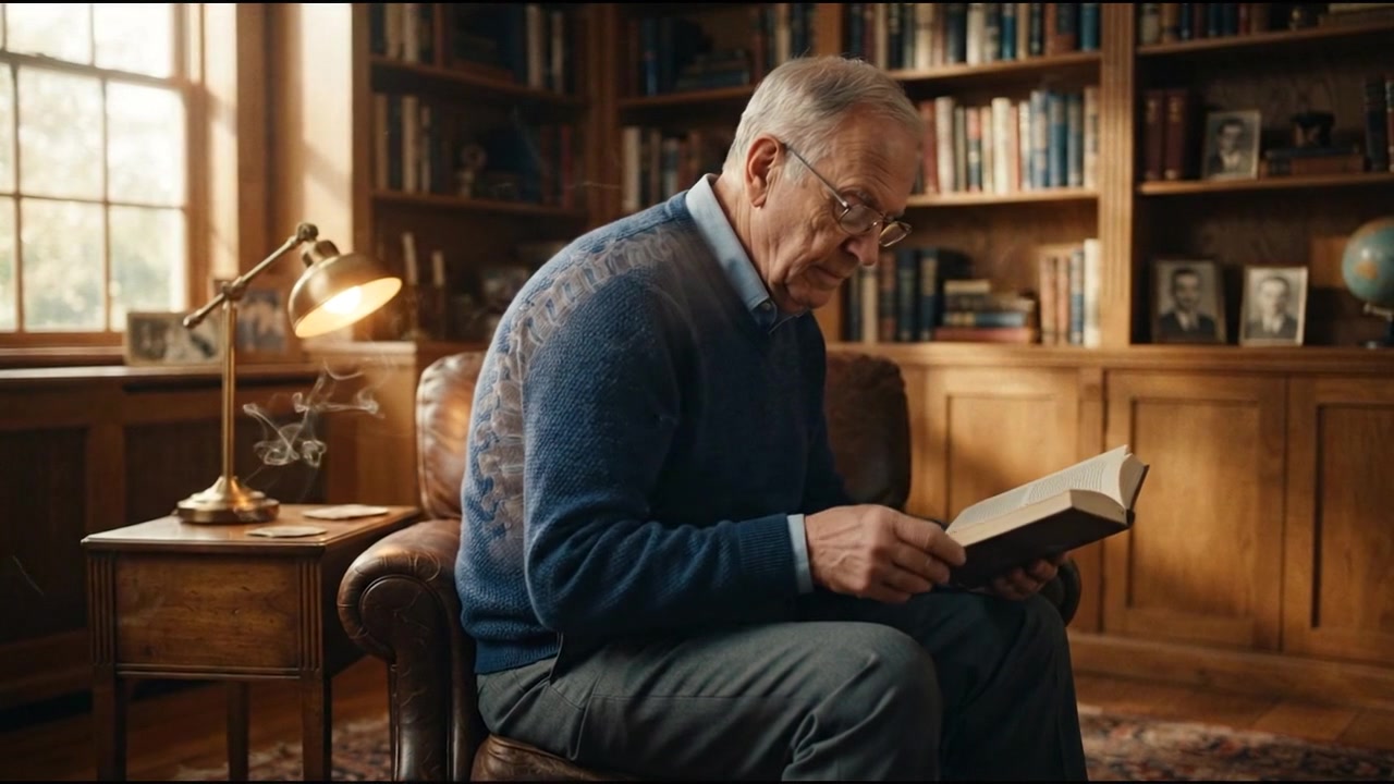 Senior Man Reading a Book in a Cozy Home Library