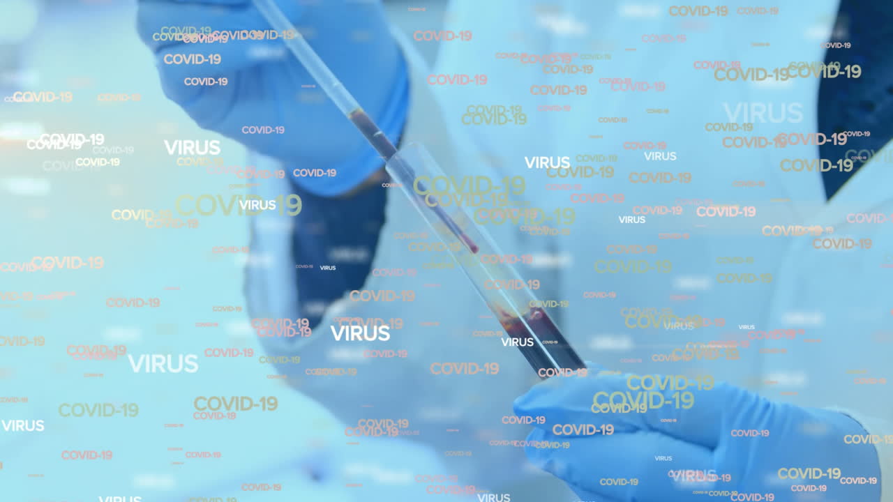 Covid-19 and virus text against scientist working in laboratory