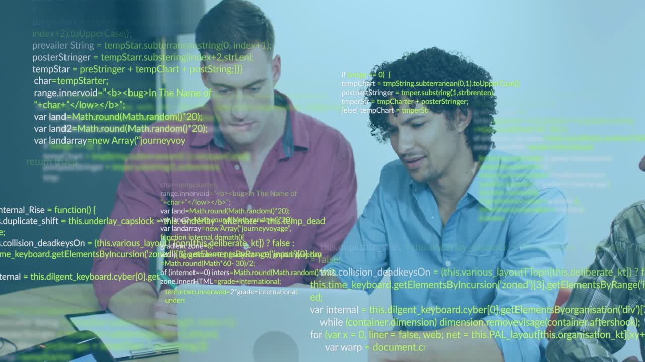 Two developers note-taking and pointing at laptop code, coding meeting with drifting code lines